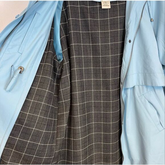 L.L. BEAN Women Trench Coat Large Petite Blue Hooded Long Rain Jacket Wool Lined - Picture 8 of 13